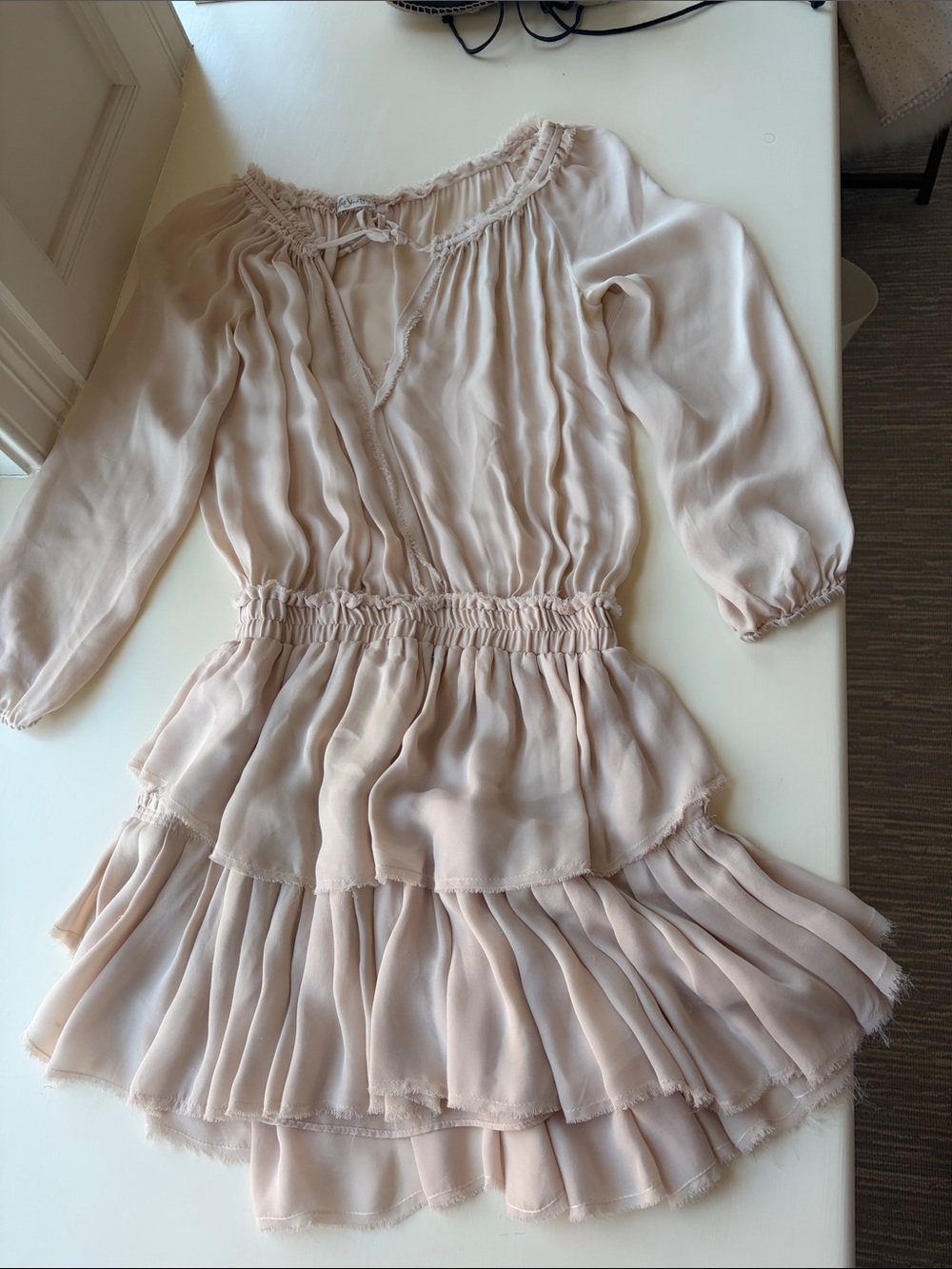 LoveShackFancy Blush Cream Ruffled Tiered Long-Sleeve Dress